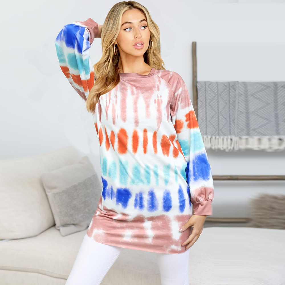 2021 autumn and winter tie-dye printed sweater European and American style contrast long-sleeved round neck T-shirt