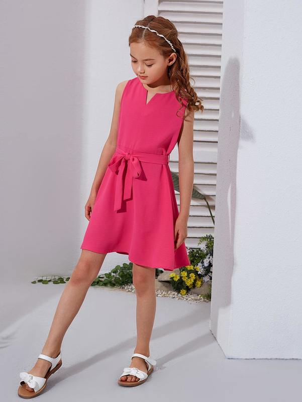 Girls Solid Belted Sleeveless Dress SHE