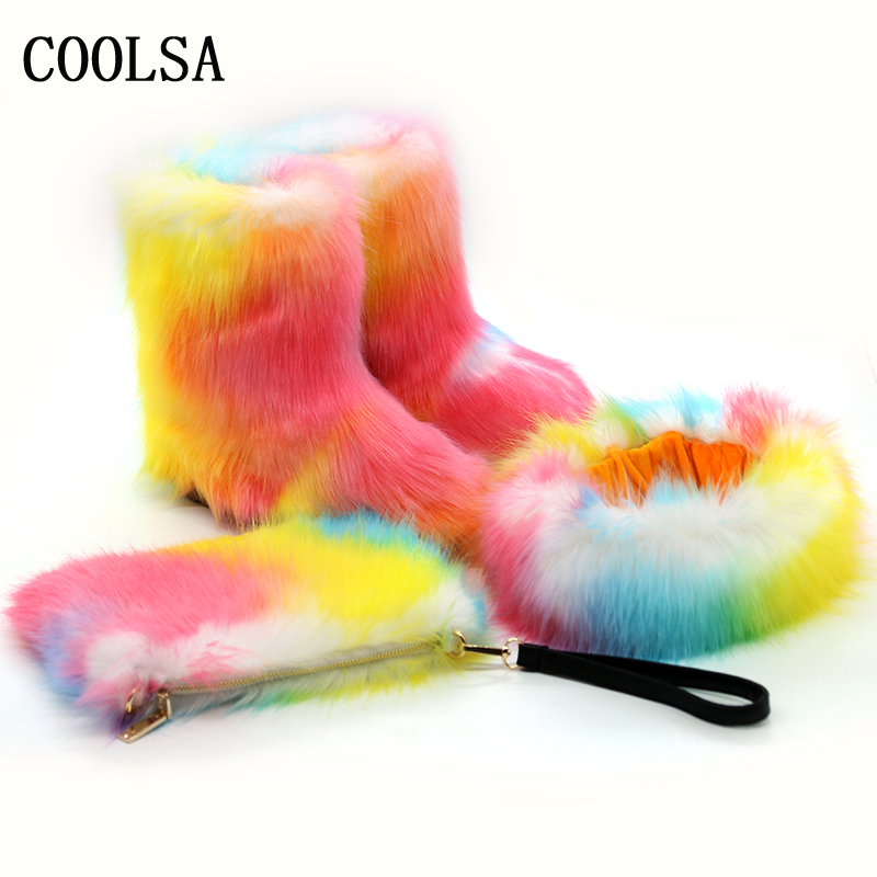 Winter Women Fur Boots Fluffy Fur Snow Boots For Women Faux Fur Ankle Boot Furry Plush Shoe Flat Heel Boot Lady Bag Headband Set 201021