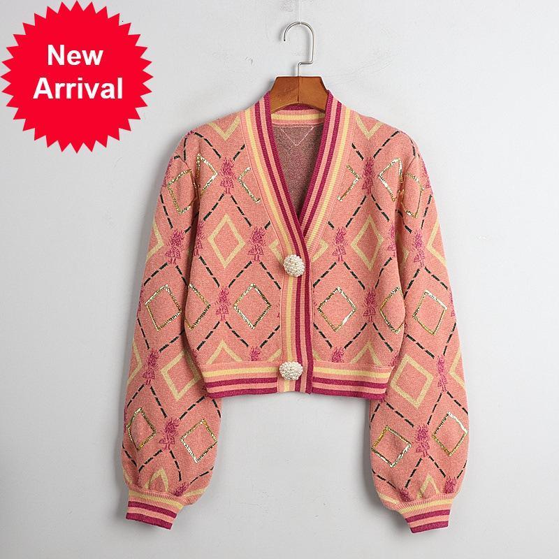 Luxury 2021 New Runway Manga Lantern with Cleavage v Cardigan Fall Retro Diamond Plaid Loose Sequins Mesh Woman's Sweater Top IFW3, Beige