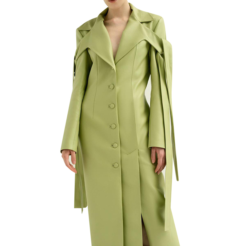 TWOTWINSTYLE Lace Up PU Leather Women's Coat Lapel Collar Long Sleeve Coats Female Large Size 2020 Autumn Winter Fashion OL New T200805