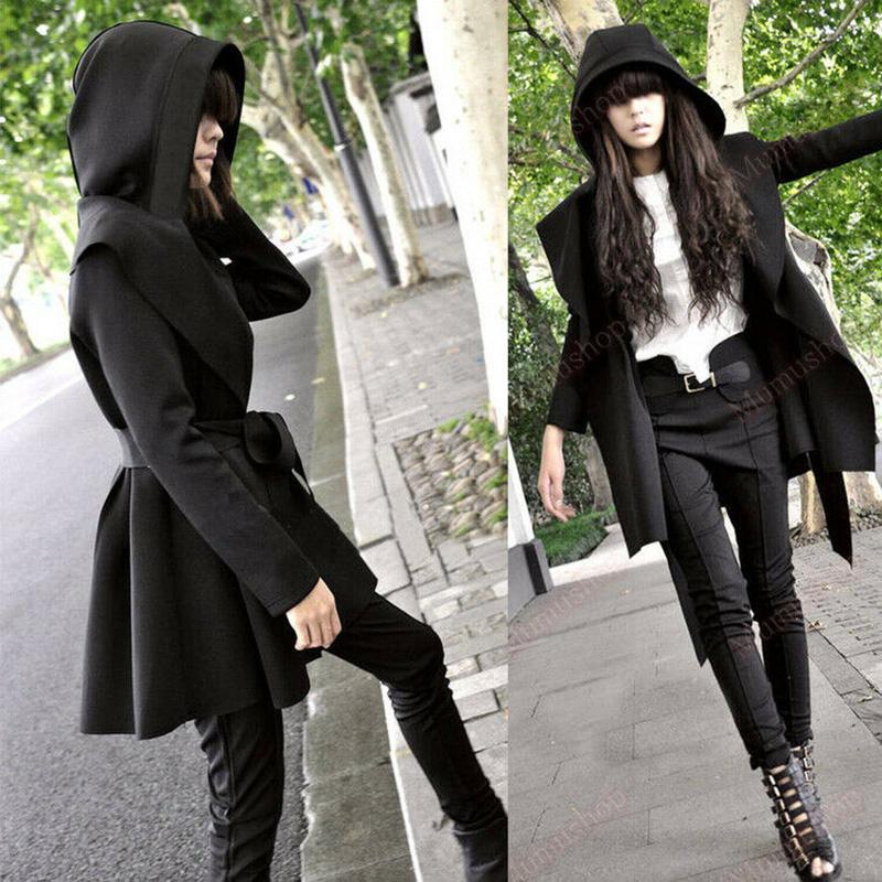 Punk Rock Hoodie Women Gril Hooded Jackets Long Sleeve Windbreaker Belted Dust Coat, Black 
Punk Rock Hoodie Women Gril Hooded Jackets Long Sleeve Windbreaker Belted Dust Coat, Black