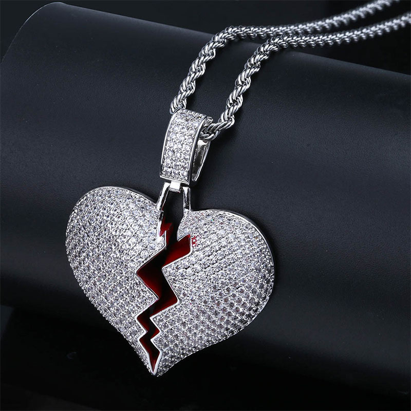 Hip Hop Solid Broken Heart Iced Out Pendant Necklace Charm For Men Women Gold Color Cubic Zircon Jewelry