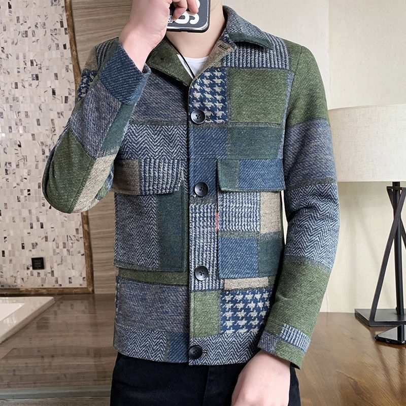Fashion Warm Long-sleeved Plaid Gentleman Pockets Coat Jacket Korean Casual Men's Stitching Jacket Fashion Slim Fit Jacket 201223