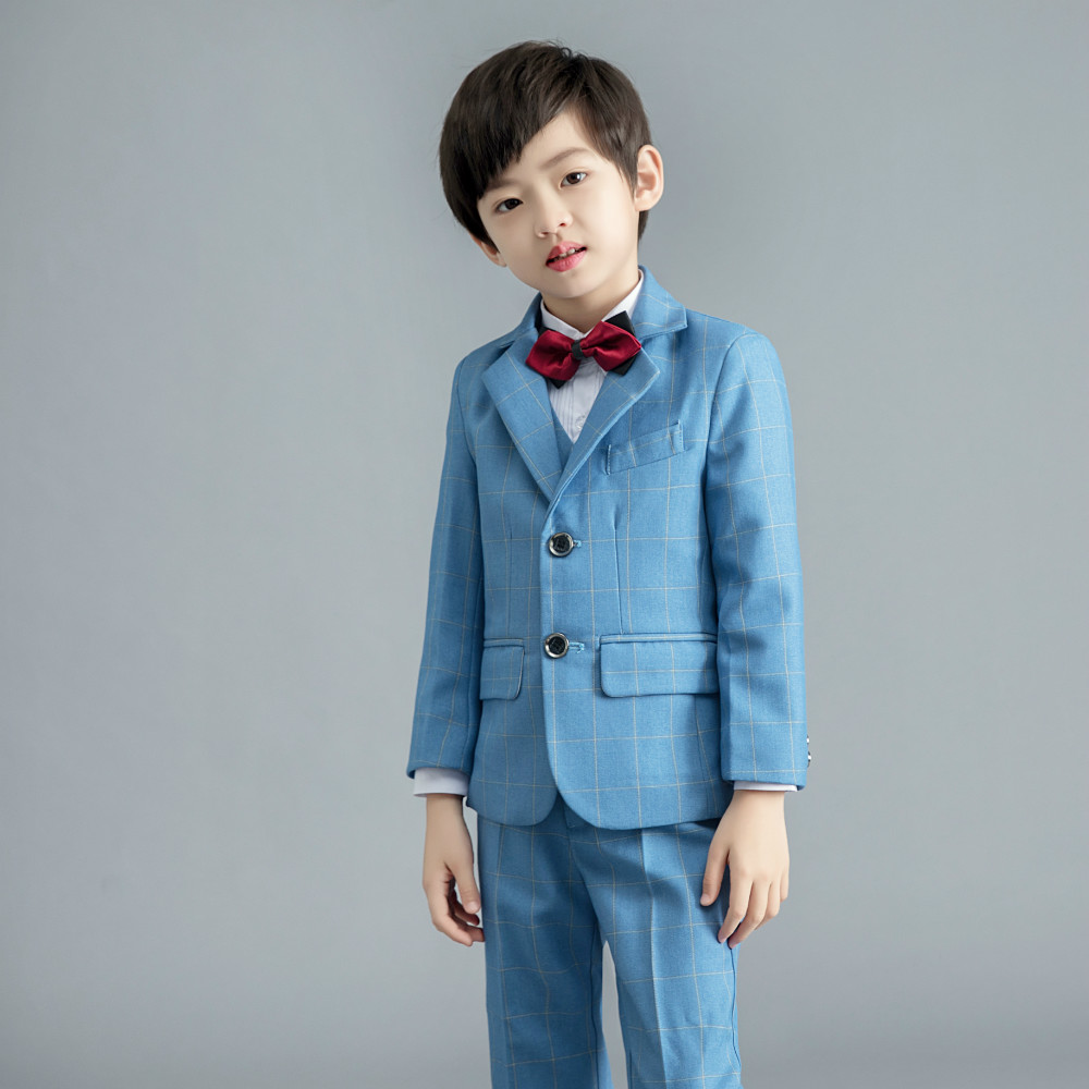 Blue Check Custom Made Little Boys Pants Suits 2 Pieces Set Tuxedos for Wedding Dinner Children Kids Tuxedo