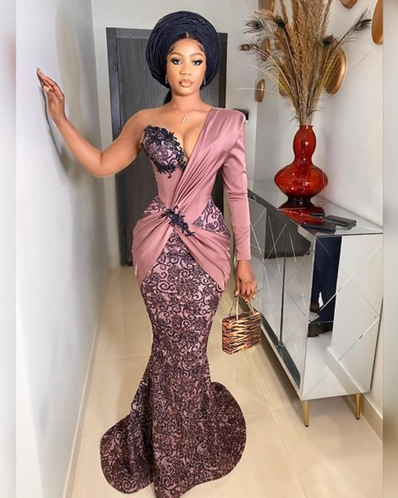 Robe Rose Pale Mermaid Evening Formal Dresses with One Shoulder Long Sleeve Lace Stain African Nigerian Aso Ebi Prom Engament Dress