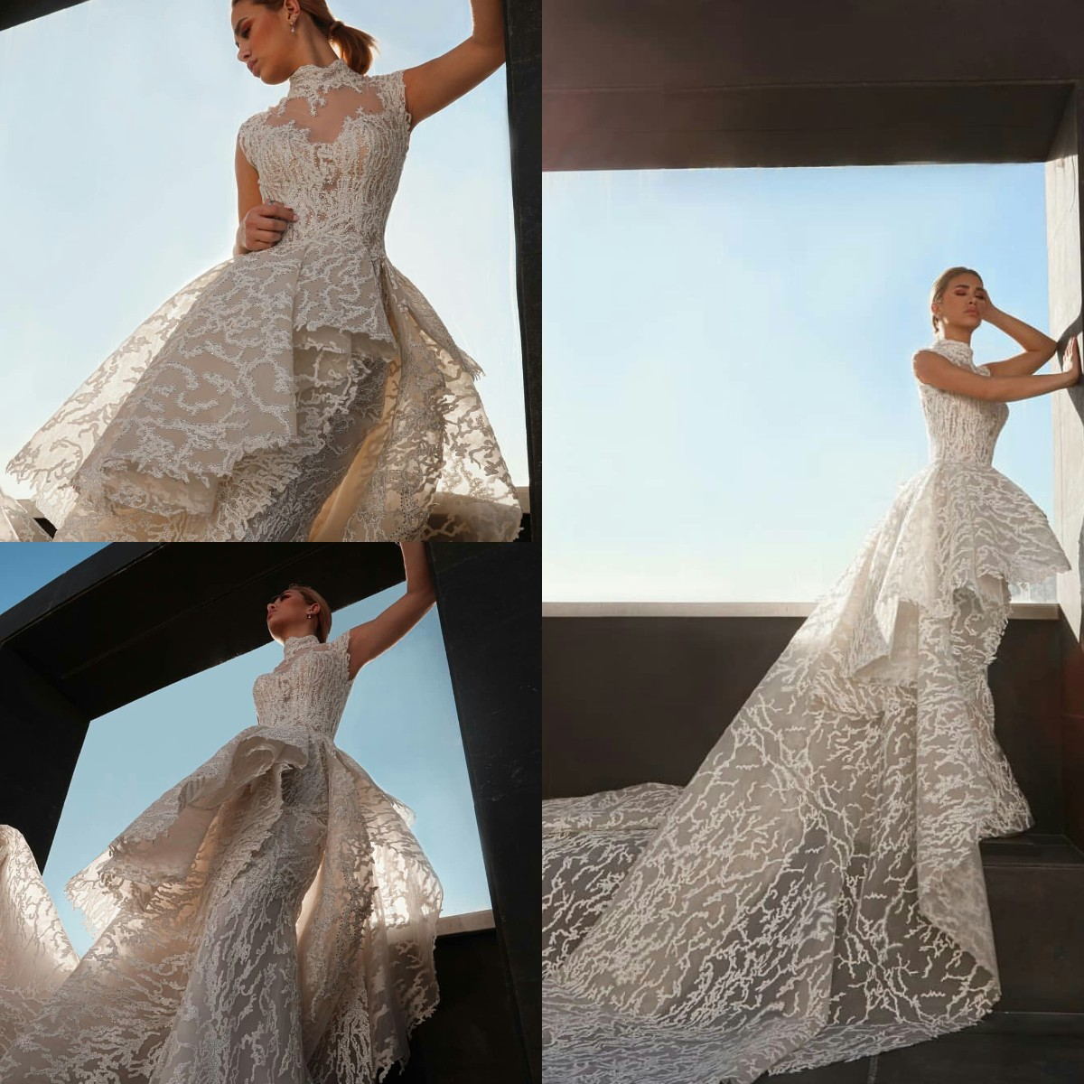 2021 Lace Mermaid Wedding Dresses with Overskirt High Neck Plus Size Bridal Gowns Custom Made robes de mariée