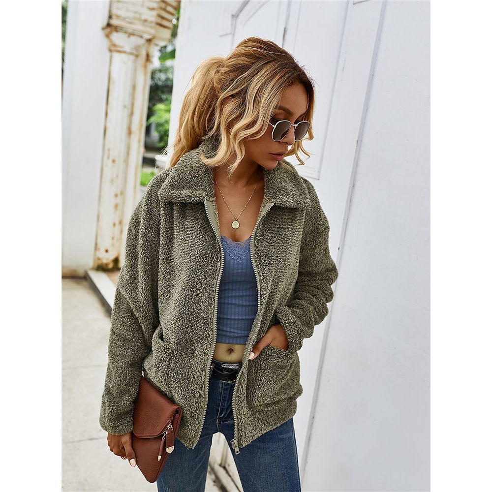 Women Winter Sherpa Sweater Blend Fleece Fluffy Zipper Cardigan Ladies Autumn Streetwear Lapel Zipper Jacket Teddy Sweaters 201225