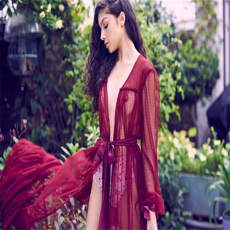 Real Image Red Night Gown Soft Tulle Dot Pajama Bathrobe Bride Sleepwear V Neck Long Sleeves Ribbon Robes Custom Made Girl Sleepwear Dresses