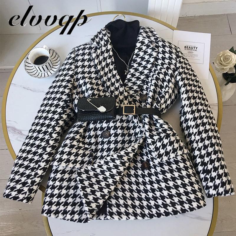 Autumn Winter Blazer Woolen Coat Women Fashion Elegant Double Breasted Houndstooth Thick Office Work Jacket Suit With Waist Bag 201201