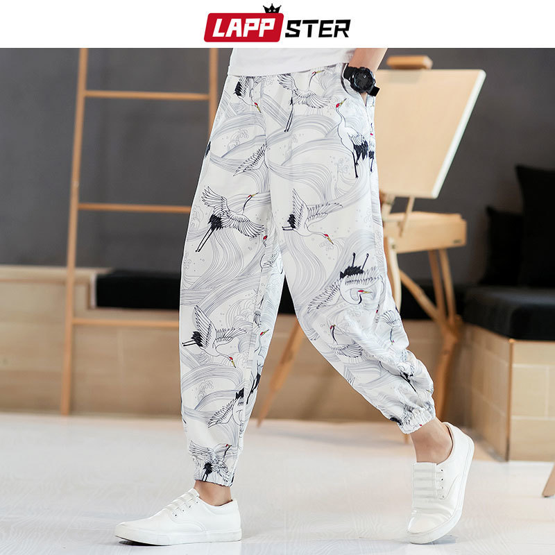 LAPPSTER Men Crane Print Streetwear Joggers Pants Summer Harajuku Thin Harem Pants Mens Fashion Vintage Sinicism Trousers 201110