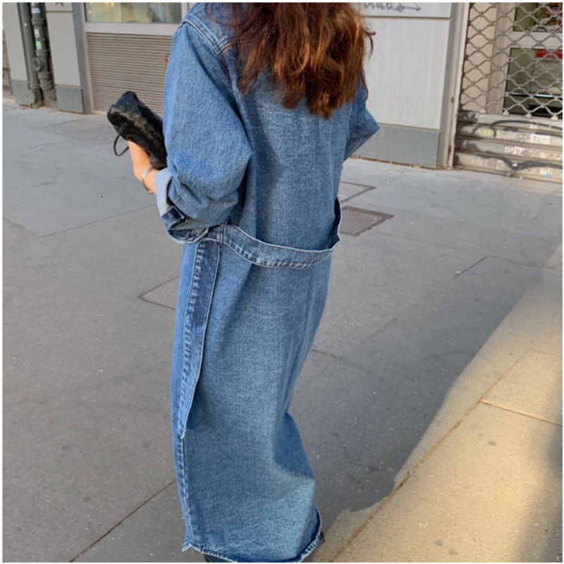 SHENGPALAE 2020 New Fashion Autumn Long Fund Lapel Single Breasted With Belt Demin Trench Coat Women Loose Windbreaker FV257 T200805