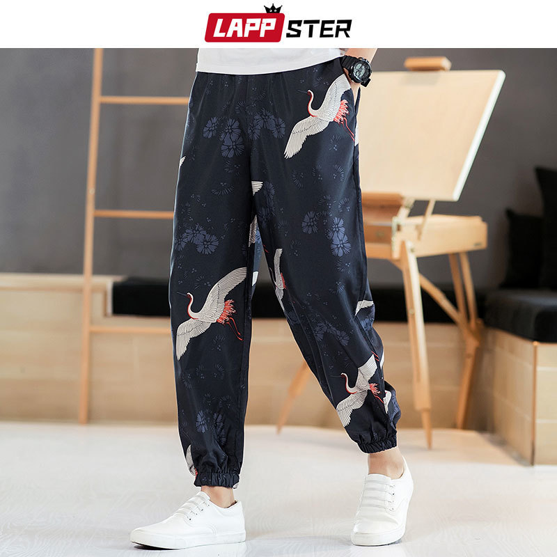 LAPPSTER Men Crane Print Streetwear Joggers Pants Summer Harajuku Thin Harem Pants Mens Fashion Vintage Sinicism Trousers 201110