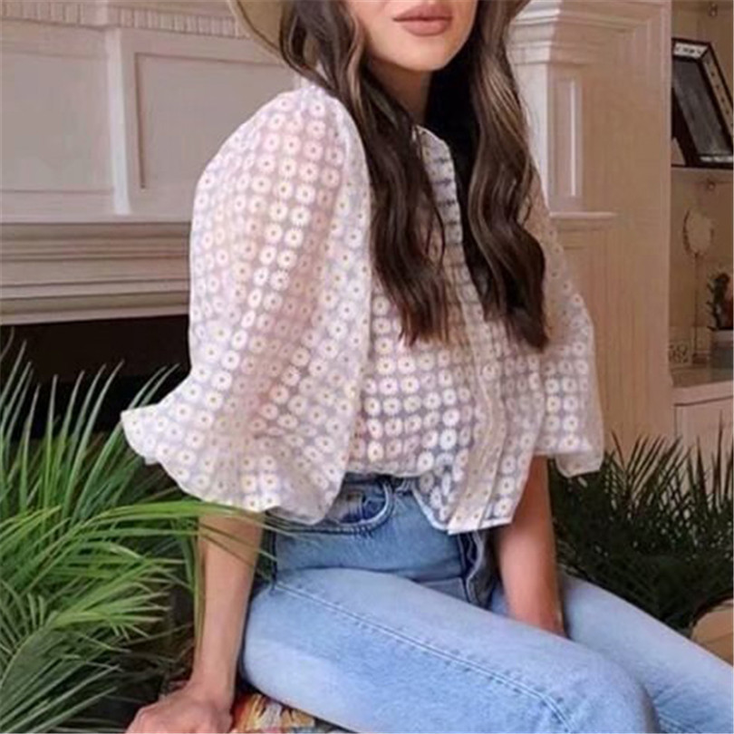 Women sweet floral print crop top three quarter puff sleeve turn down collar transparent female causal blouse 201130