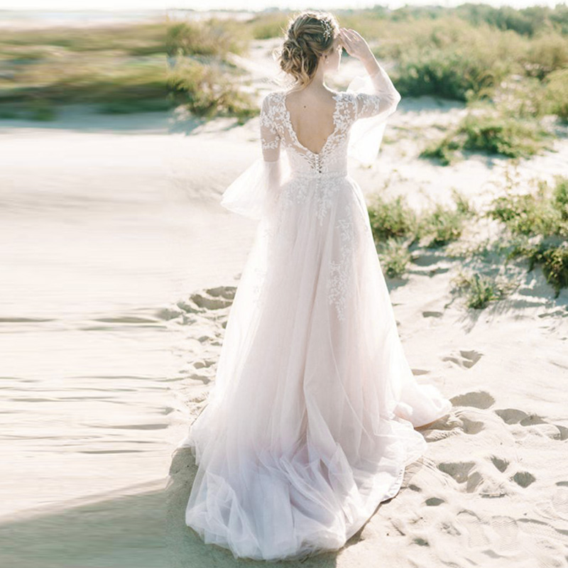 Long Bell sleeves Country Wedding Dresses Apliques Lace Sexy Open Back Illusion Garden Boho Beach Bridal Gowns Cheap Plus Size Wedding Dress