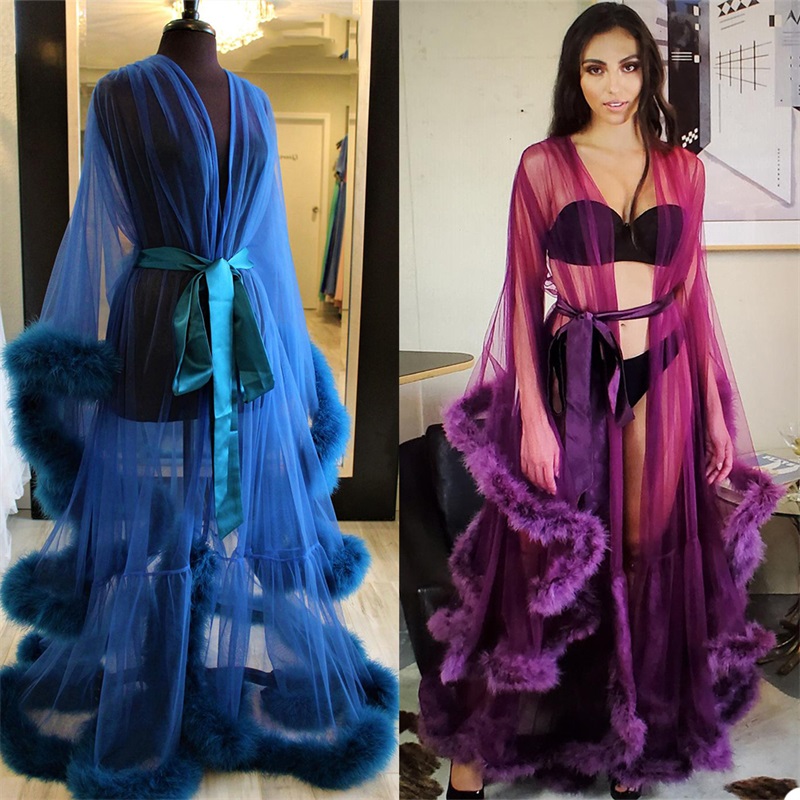 Real Image Wedding Bathrobe Long Sleeves Feather Sleep Wear Custom Made Pajamas Sexy Illusion Tulle Wedding Robe Nightgown
