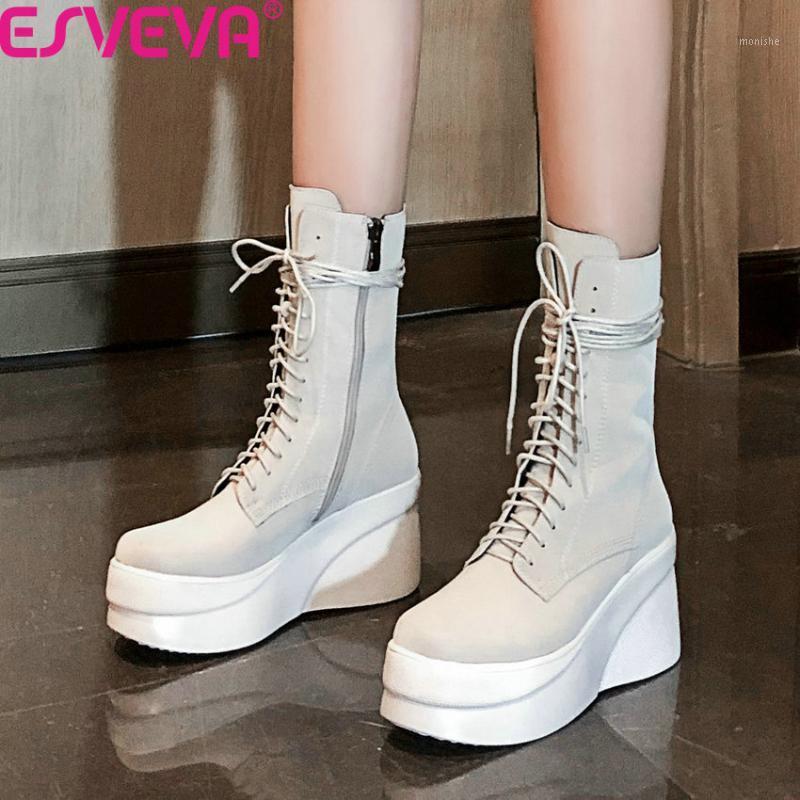 ESVEVA 2020 Cow Leather Round Toe Platform Mid Calf Boots Autumn Winter Wedge High Heel Lace Up Zipper Women Shoes Size 34-391, Beige
ESVEVA 2020 Cow Leather Round Toe Platform Mid Calf Boots Autumn Winter Wedge High Heel Lace Up Zipper Women Shoes Size 34-391, Beige