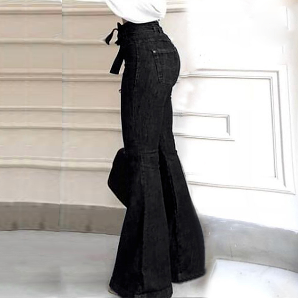 Laamei Women High Waist Bandage Wide Leg Denim Jeans New Women Spring Summer Jeans Ladies Stretch Fare Long Pants 210222