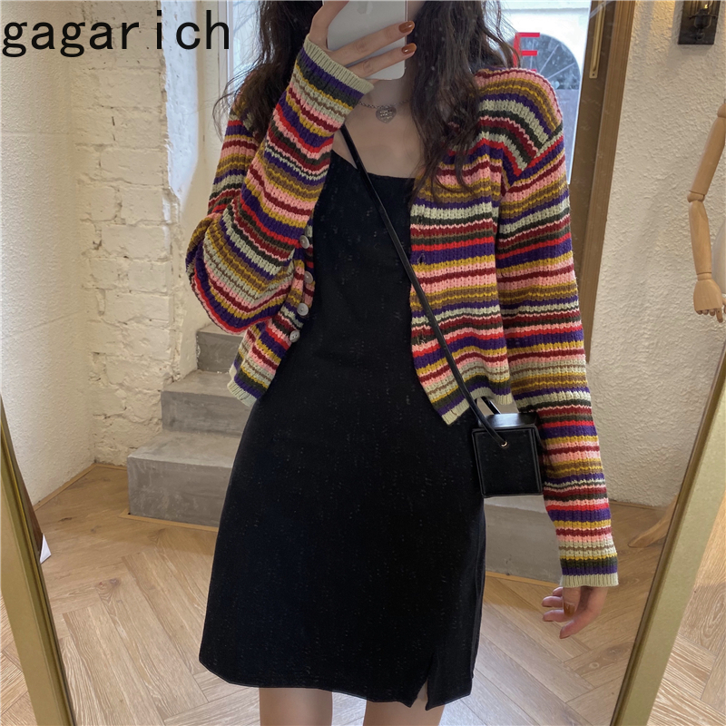 Ggarich Cardigan Women Autumn Outdoor Long-Sleeved Spring Autumn Short Slim V-neck Sweet Rainbow Striped Sweaters 201017