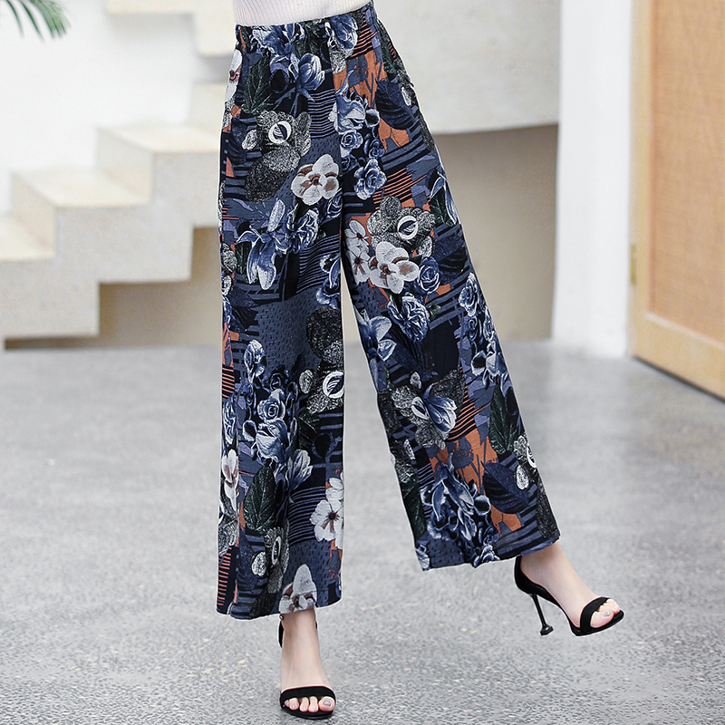 Women Wide Leg Pants Summer Plus Size Loose High Waist Pants Summer Vintage Print Beach Pants Women Ankle-Length Trousers 201031