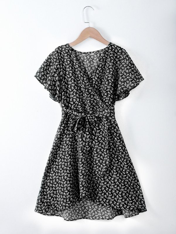 Girls Ditsy Floral Butterfly Sleeve Belted Wrap Dress SHE