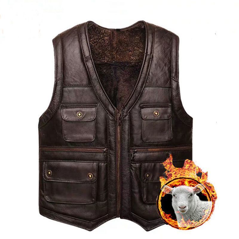 Holyrising Mens Full Real Sheepskin Leather Gilet Motorcycle Vest for Men Pockets Black Brown Leather Coat winter jacket 201128