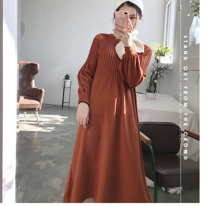 autumn winter knitting dress vneck solid color Retro french girl chic dress 201110