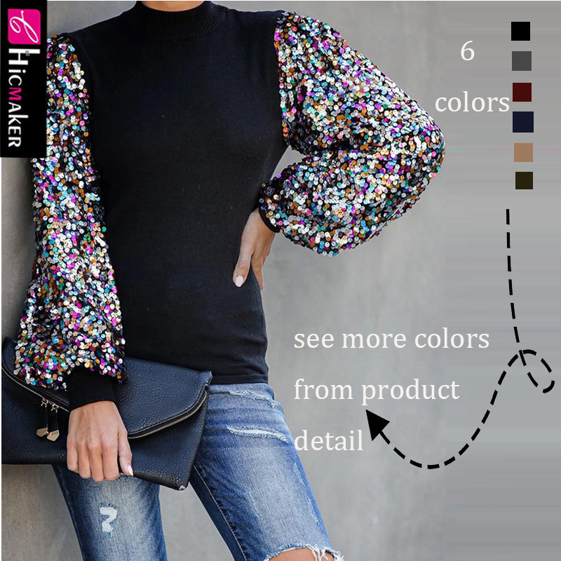 Mock Neck Lantern Sleeve Sequins Colorblock Insert Blouse Women Long Sleeve Shining Sparkly Chic Spring Fall Shirt T200322