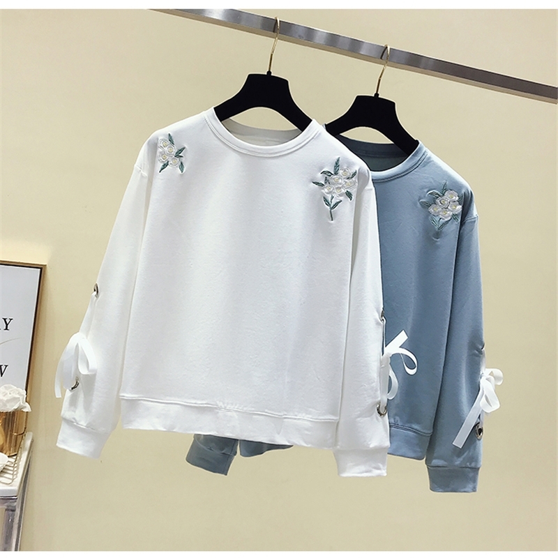 New hoodies sweet fresh and simple wild flowers embroidered cuffs long-sleeved women's sweatershirt pullover 201102
