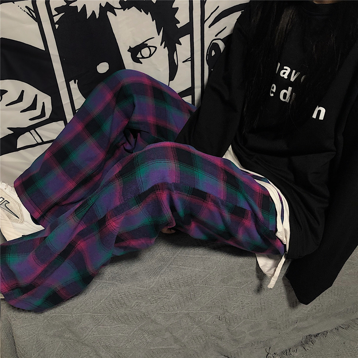 HOUZHOU Korean Style Vintage Plaid Pants for Women Streetwear Harajuku Wide Leg Checkered Pants Women Couple Pockets Unisex 201111