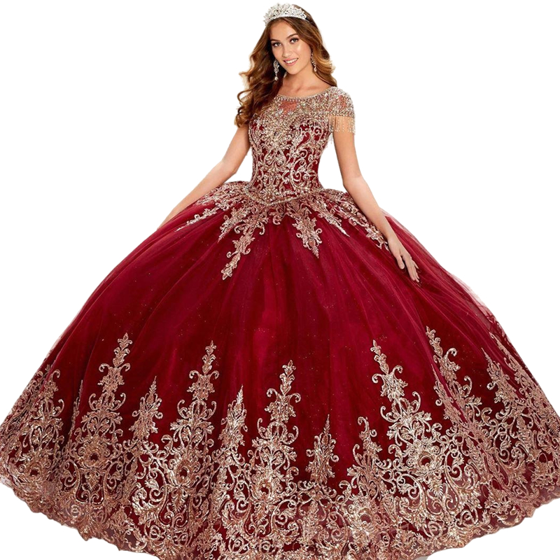 Luxury Golden Appliques Quinceanera Dresses Short Sleeve Dark Red Scoop Neck Appliqued Prom Gowns Floor Length Tulle Sweet 15 Dress For Girls 2022 Ves