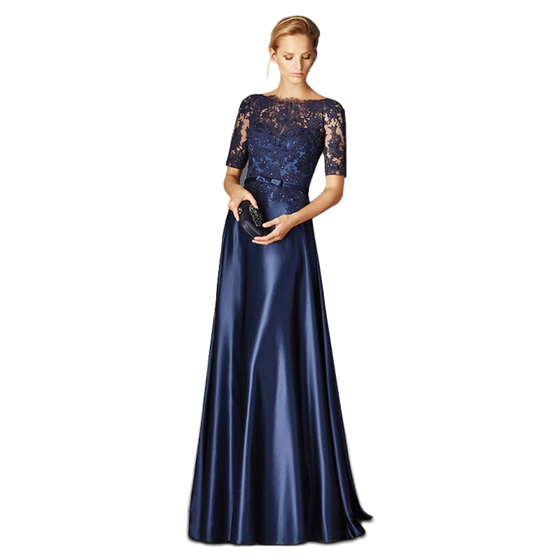 Elegant Navy Blue Mother Of The Bride Dresses A Line Satin Half Sleeves Appliques Long Groom Godmother Evening Dresses For Wedding Party vestidos Robe