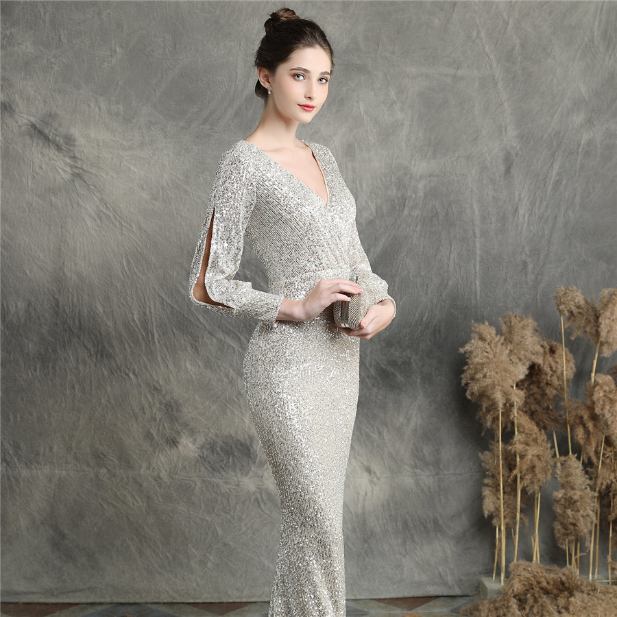 Sequins Women Party Dress DX2406 New Plus Size Mermaid Prom Dress Robe De Soiree Apricot Silver Long Sleeves Evening Dress 201114