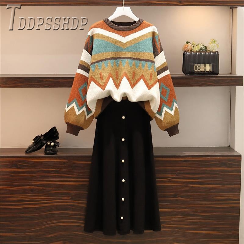 Plus Size Autumn Winter Casual Women Sets Sweater And Skirt Female Sets 201102