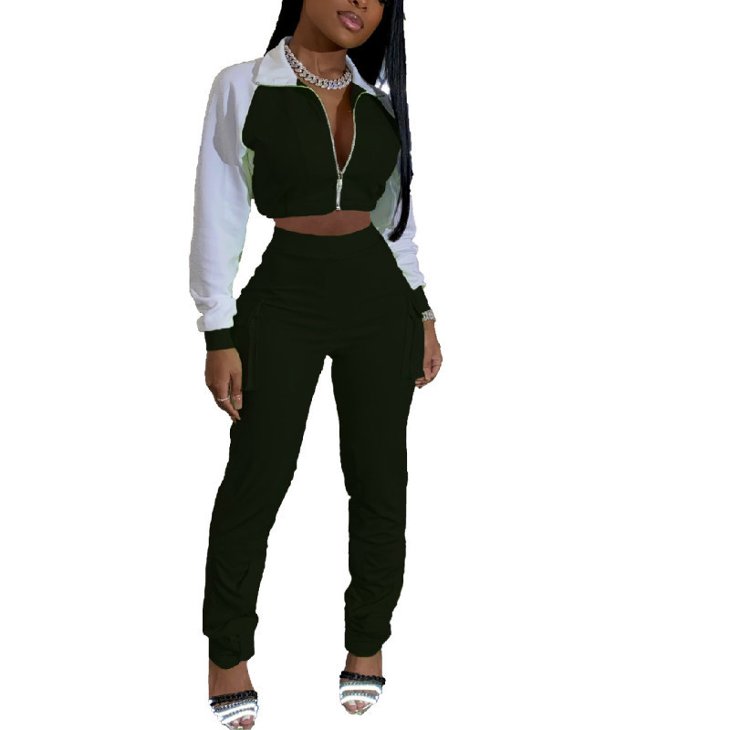 HAOOHU Sexy Reflective Two Piece Set Jumpsuit Long Sleeve Zip Crop Top+Pocket Stacked Leggings Fall Clothes for Women Tracksuit 201007