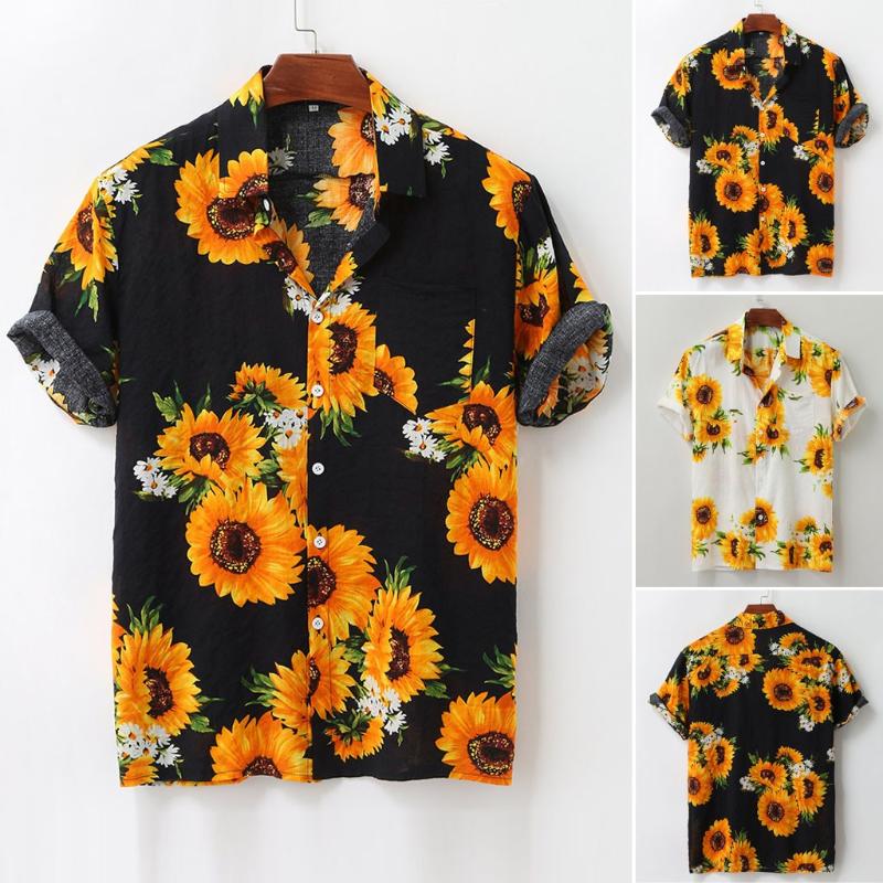 Fashion Plus Size Shirts Mens Summer Sunflower Pattern Shirts Casual Short Sleeve Beach Loose Blouse 2020 Hawaiian Shirt #31