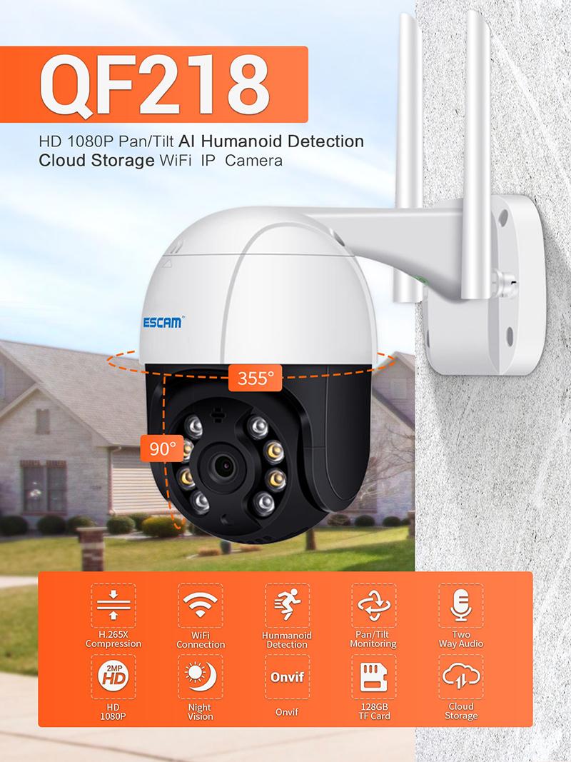 ESCAM QF218 1080P AI Humanoid detection Pan/Tilt Waterproof WiFi Cloud Storage IP Camera with Two Way Audio Camera
ESCAM QF218 1080P AI Humanoid detection Pan/Tilt Waterproof WiFi Cloud Storage IP Camera with Two Way Audio Camera