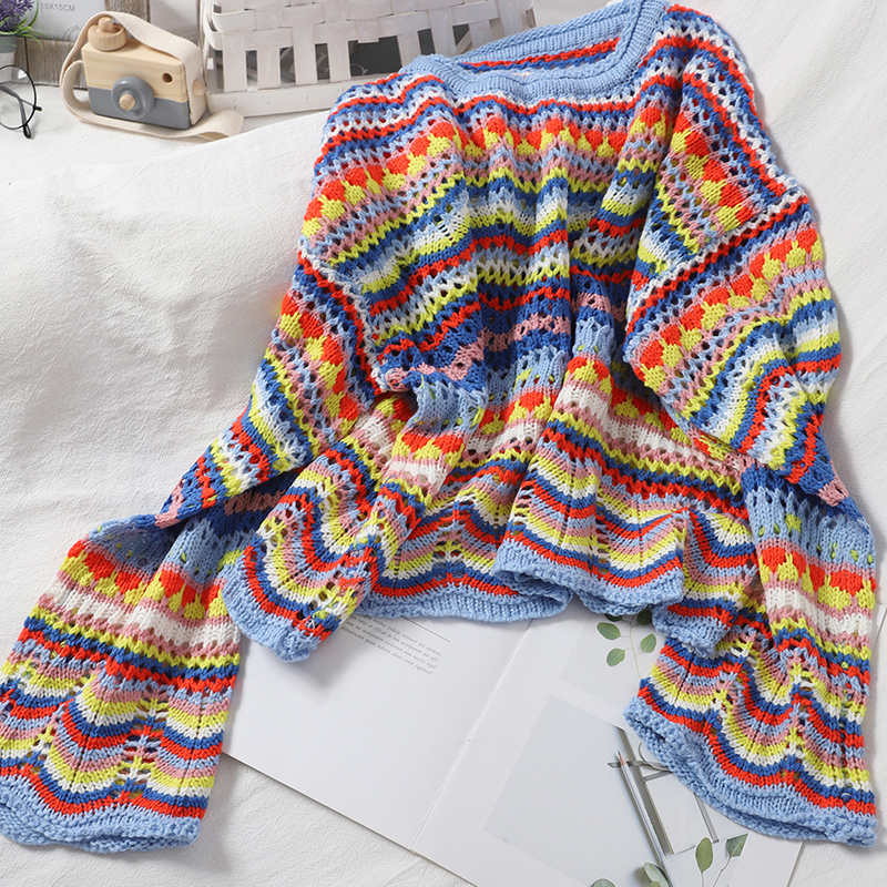 Gagarich Women Christmas Sweater Autumn Sweet Multi-Color Stripe Pullover O-Neck Slim Hollow Korean-Style Crocheted Tops 201221