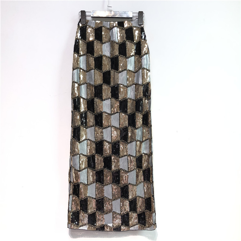 Cakucool Retro Black Sequined X Long Skirt Vintage Beading Pencil Skirt High Waist Golden Silm Bodycon Runway Back Slit Skirt T200324