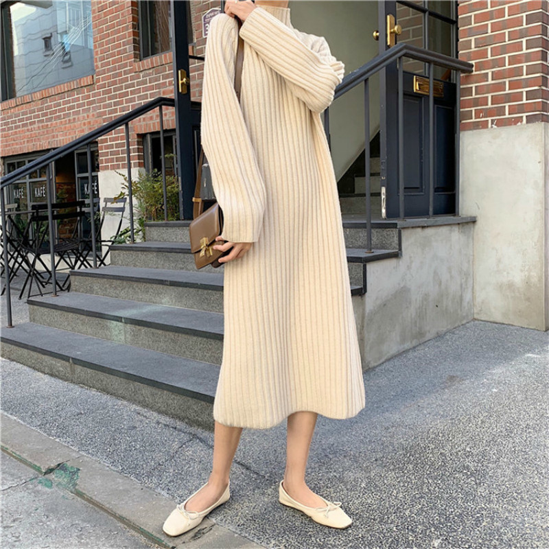 Women Winter basic Long Sweater Dress Turtleneck long sleeve Elegant solid color brief slim Knitted dresses pullovers 201125