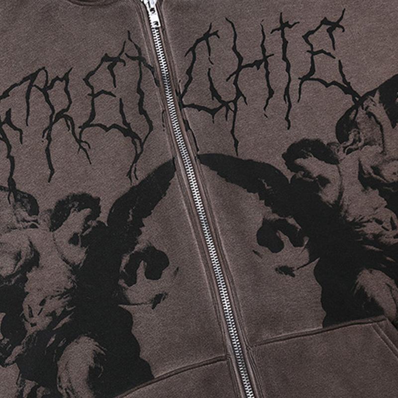 Men's Jackets Autumn Clothes Angel Fairy Grunge Dark Print Coat Brown Y2k Gothic Oversized Hoodies Loose Zipper Long Sleeve Jacket M-Xxl