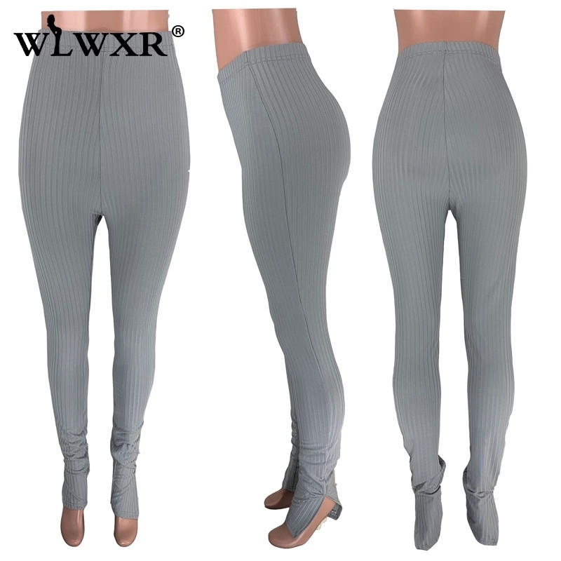 WLWXR Ribbed Knit Sexy Club Bodycon Pants Women Ladies Trousers Black Gery Skinny High Waist Pants Female Wide Leg Flare Pants T200422