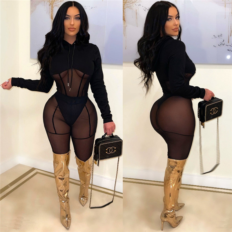 New Sexy Women Tracksuits Mesh Two Piece Set Long Sleeve Pullover Top Pants Matching Sets Fashion See Through Outfits Fall Sheer Clothes Party night c