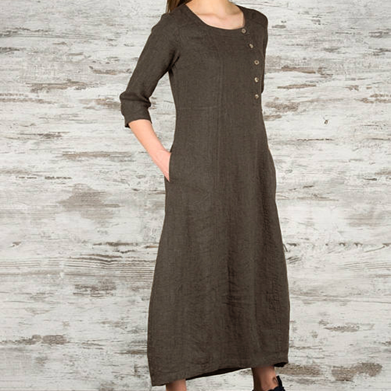 Autumn Celmia Women Maxi Dress O Neck Three Quarter Robe Dress Casual Loose Vintage Vestidos Elegant Dresses Plus Size 4XL T200416