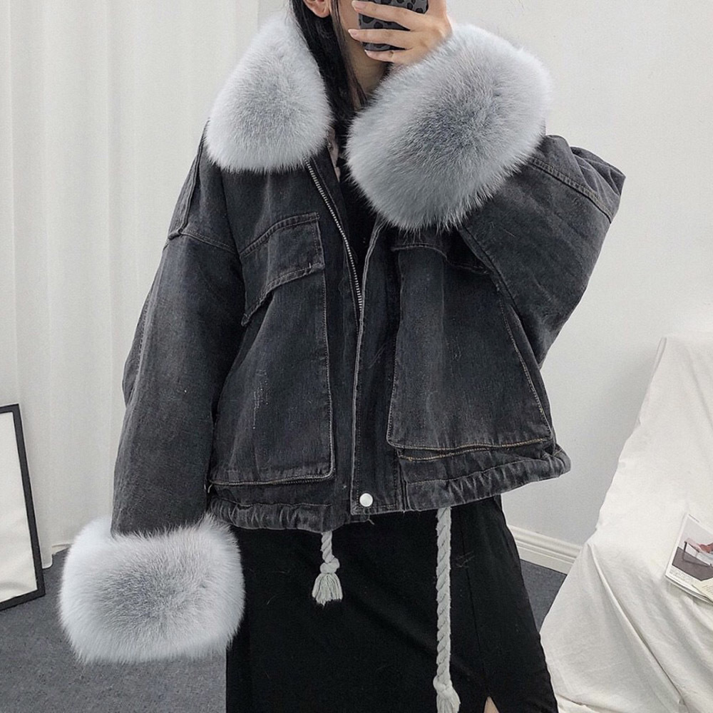 Jacket Women Denim Casual Jacket Women Long Sleeve Thick Coats Elegant Winter Outwear Office Ladies Solid Streetwear Faux Fur