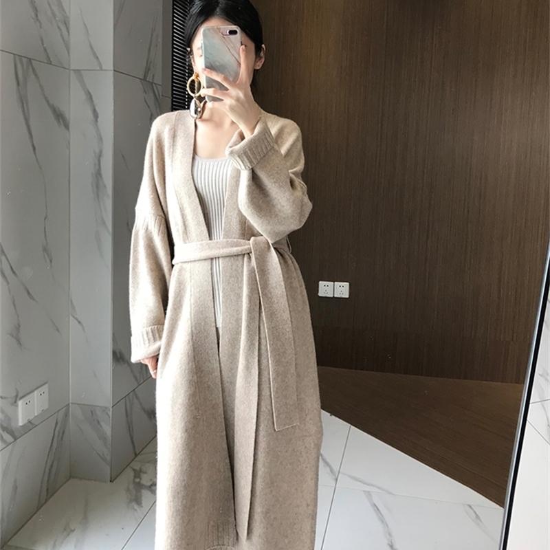 autumn and winter new cashmere cardigan women loose wild long paragraph over the knee ladies sweater coat sweater 201030