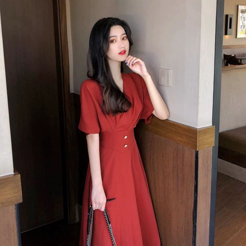 2021 New standard vintage style yamamoto knee very fairy French platycodon high waist with v dress summer SCJN, Red
2021 New standard vintage style yamamoto knee very fairy French platycodon high waist with v dress summer SCJN, Red