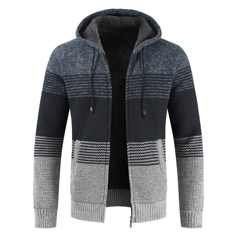 Winter Sweater Coat Men Thick Warm Hooded Cardigan Jumpers Men Striped Wool Liner Zipper Fleece Coats Men 201028