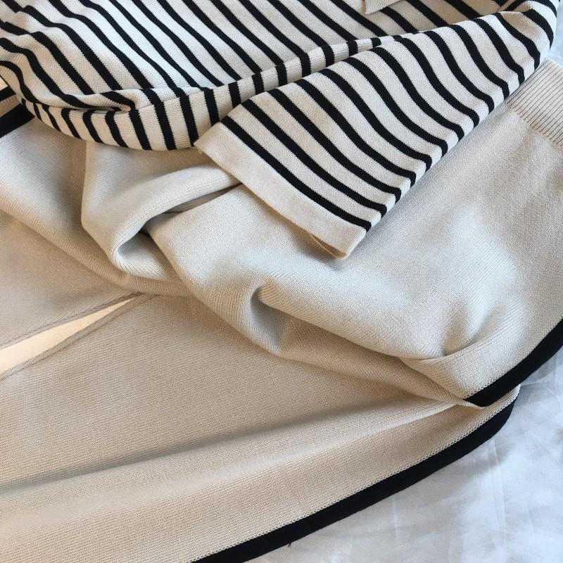 Fashion stripe patchwork knitted two peice set women turn-down collar short sleeve sweater tops+harem pants casual tracksuit 201120