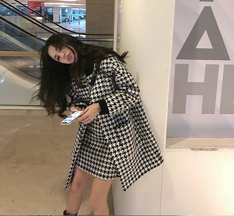 Black and white houndstooth jacket women's autumn and winter woolen jacket popular cashmere stitched nine-quarter sleeves 201027